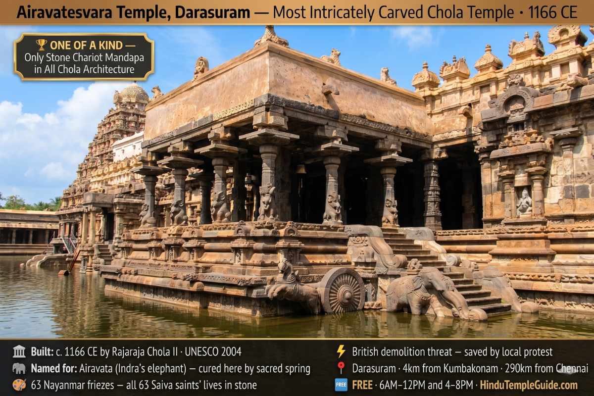 Airavatesvara temple Darasuram Chola dynasty stone chariot mandapa wheels 1166 CE UNESCO unique 63 Nayanmar friezes Kumbakonam free 6AM