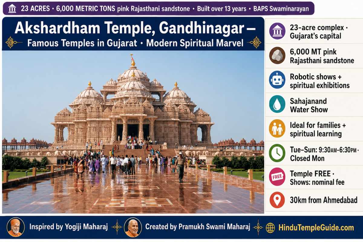 Akshardham Temple Gandhinagar — BAPS Swaminarayan, 23 acres, pink Rajasthani sandstone, robotic shows, FREE