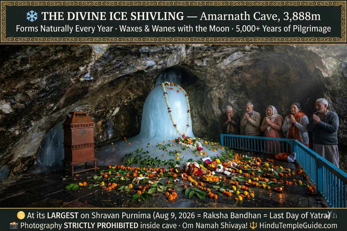 Amarnath cave ice Shivling 2026 – natural formation waxes moon 3888m Shravan Purnima August 9 largest photography prohibited Om Namah Shivaya