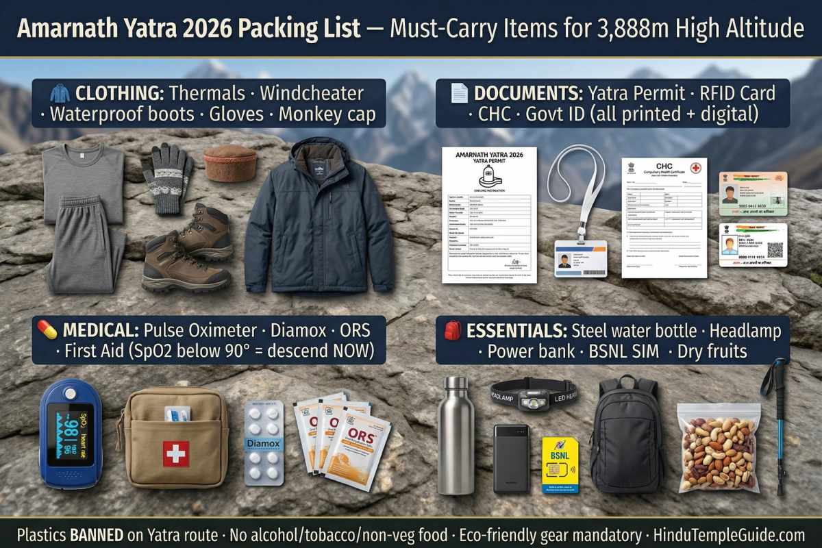 Amarnath Yatra 2026 packing list essential items 3888m – thermals windcheater boots gloves RFID permit CHC pulse oximeter Diamox BSNL SIM dry fruits plastic ban