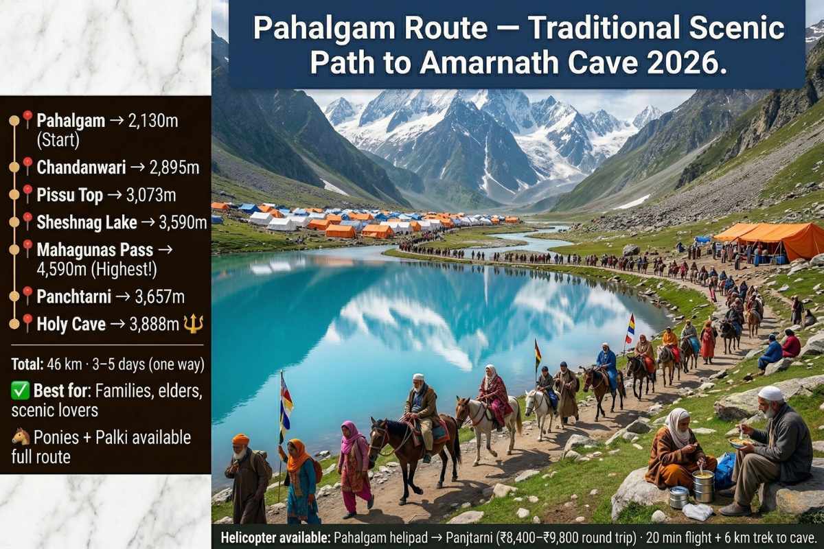 Amarnath Yatra 2026 Pahalgam route – Sheshnag Lake Chandanwari Mahagunas Pass Panchtarni 46km 3-5 days traditional scenic ponies families helicopter Rs8400