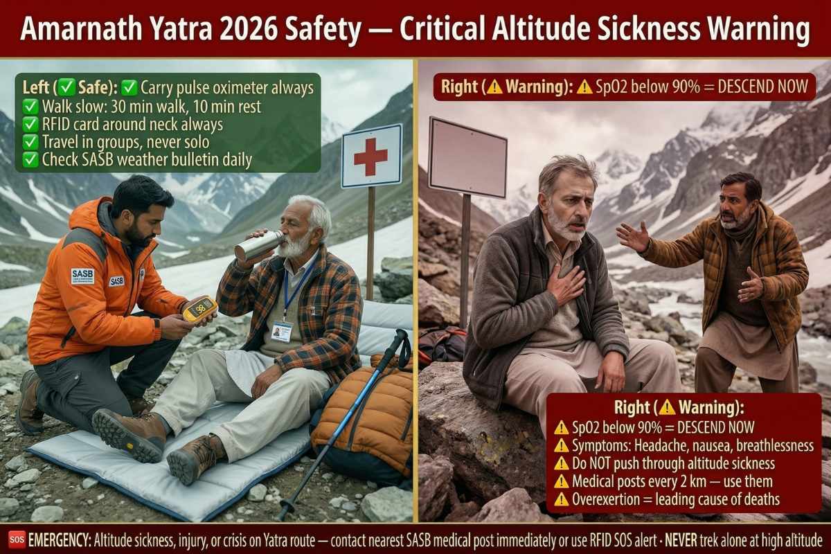 Amarnath Yatra 2026 safety rules altitude sickness warning – pulse oximeter SpO2 below 90 descend RFID SASB medical post every 2km symptoms