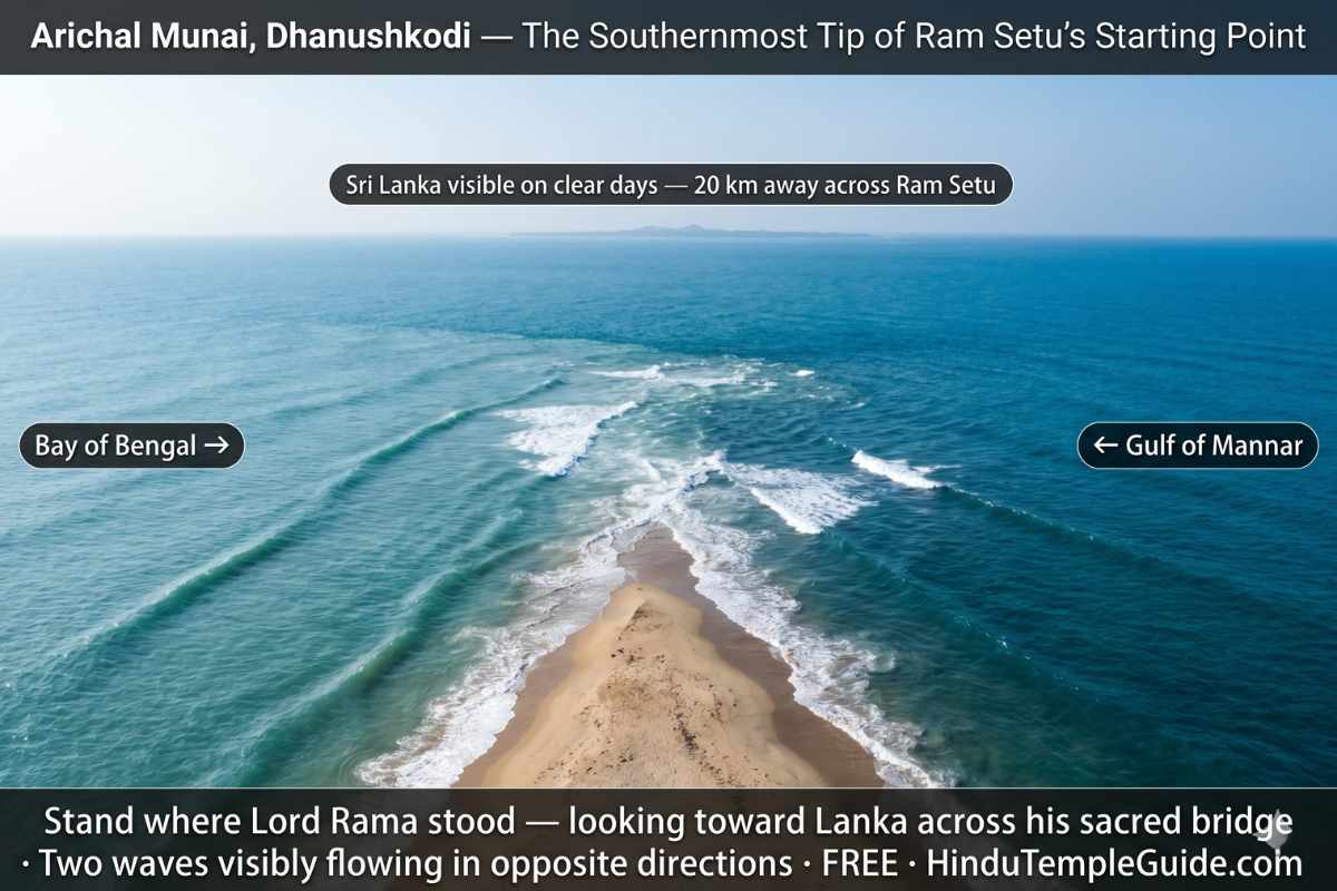 Arichal Munai Dhanushkodi two seas Bay of Bengal Gulf of Mannar meeting Ram Setu start Sri Lanka 20km Lord Rama stood pilgrimage free