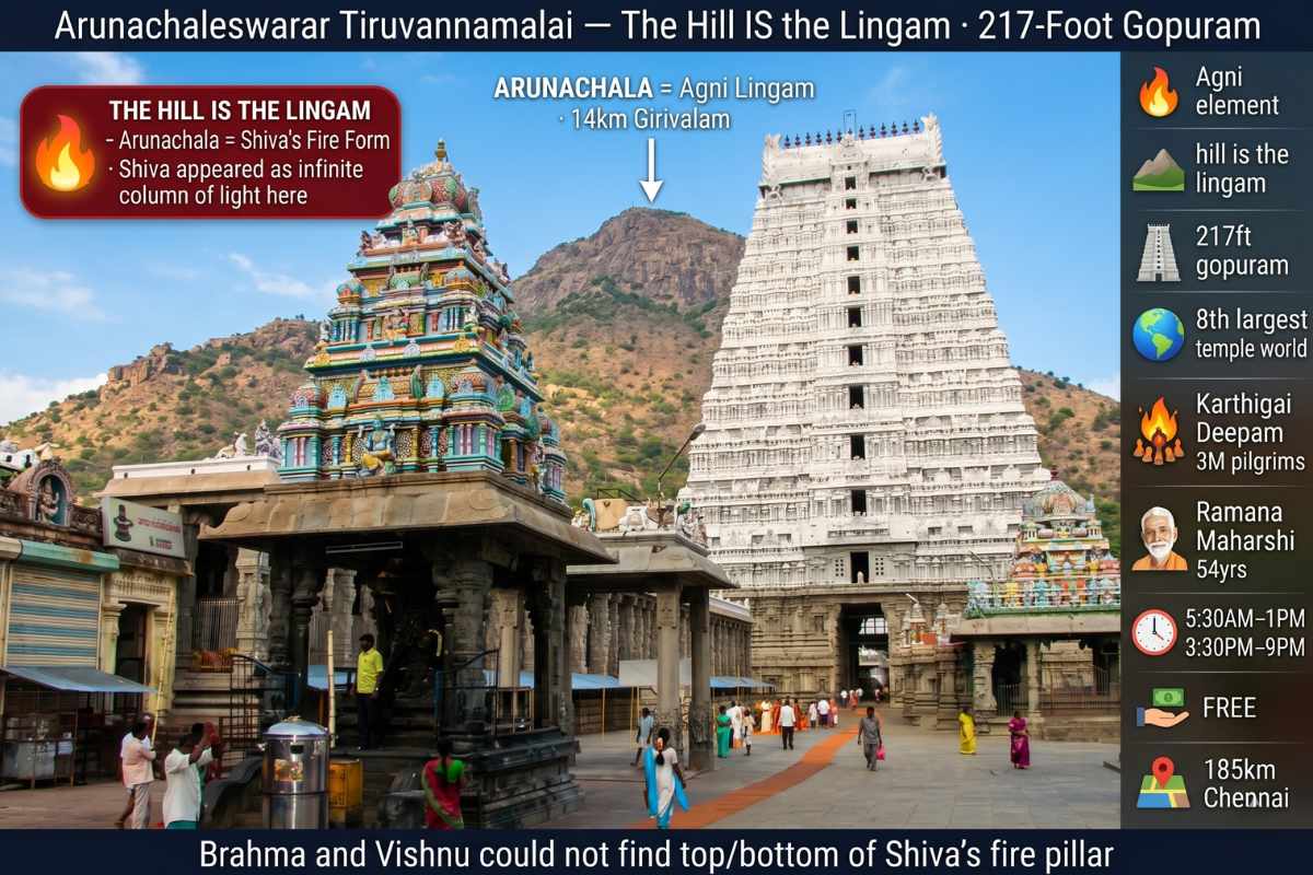 Arunachaleswarar Temple Tiruvannamalai Panch Bhoota Sthalam Fire Agni hill is lingam 217-foot gopuram Karthigai Deepam 3 million pilgrims Ramana Maharshi FREE