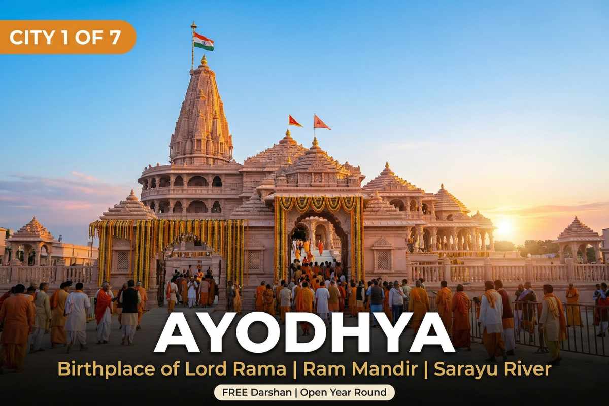 Ayodhya Ram Mandir temple at sunrise – Sapta Puri city 1, birthplace of Lord Rama with pink sandstone architecture