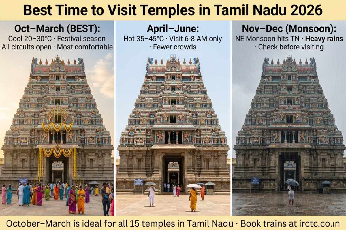 Best time to visit temples in Tamil Nadu 2026 – October March ideal season summer heat monsoon rain three seasons comparison guide