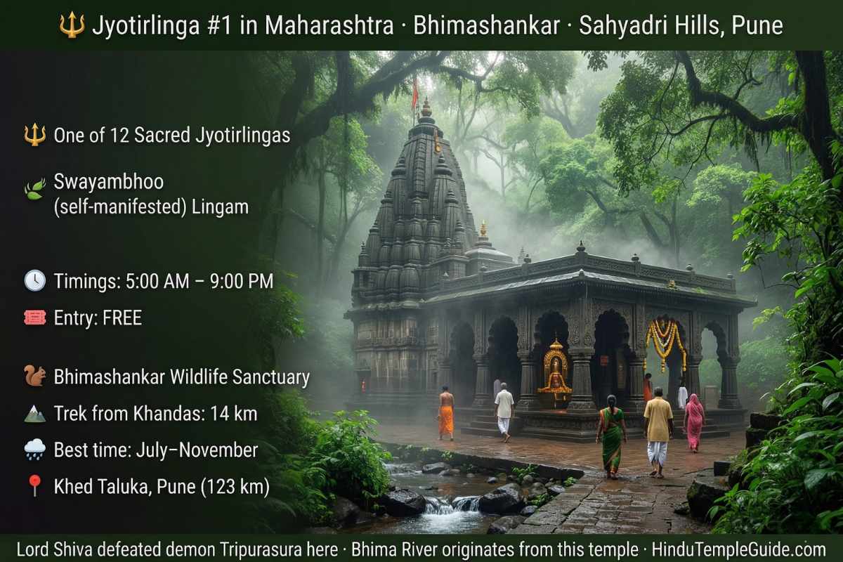 Bhimashankar Jyotirlinga Pune Maharashtra 2026 – Sahyadri forest mist Nagara temple darshan timings 5AM free entry 12 Jyotirlinga wildlife sanctuary