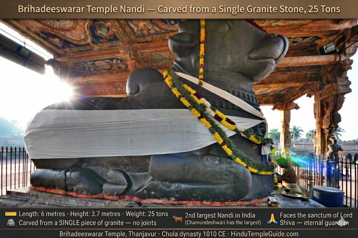 Brihadeeswarar temple Nandi statue Thanjavur Chola dynasty 25 tons 6 metres single granite stone second largest India 1010 CE