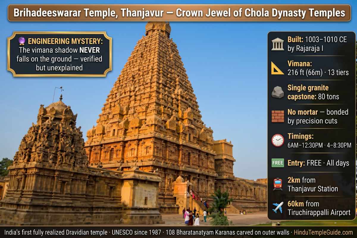 Brihadeeswarar temple Thanjavur Chola dynasty 216 foot vimana 80-ton capstone shadow never falls ground UNESCO 1010 CE free timings 6AM Dravidian
