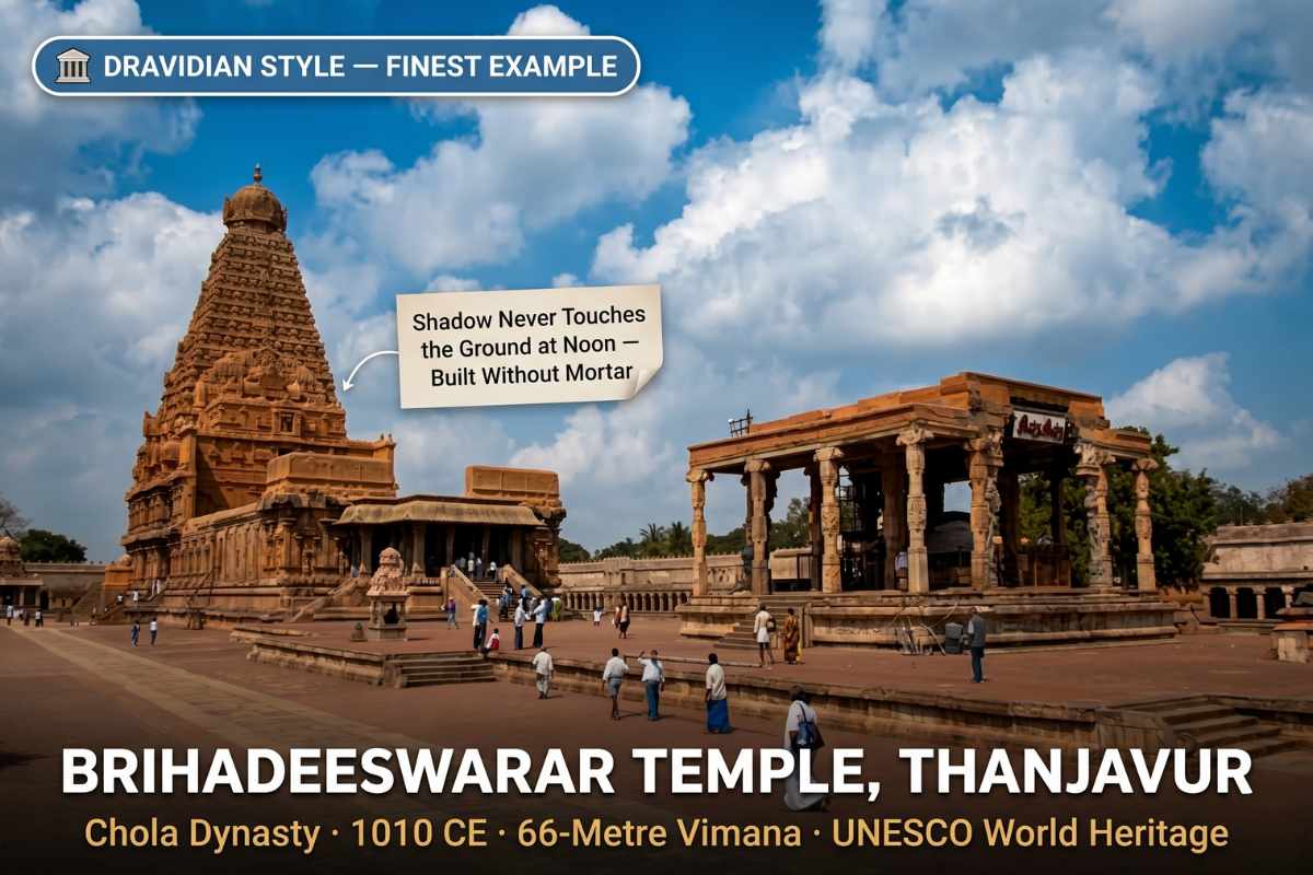 Brihadeeswarar Temple Thanjavur at sunrise showing 66-metre Chola Vimana and temple tank reflection – finest example of Dravidian temple architecture UNESCO World Heritage