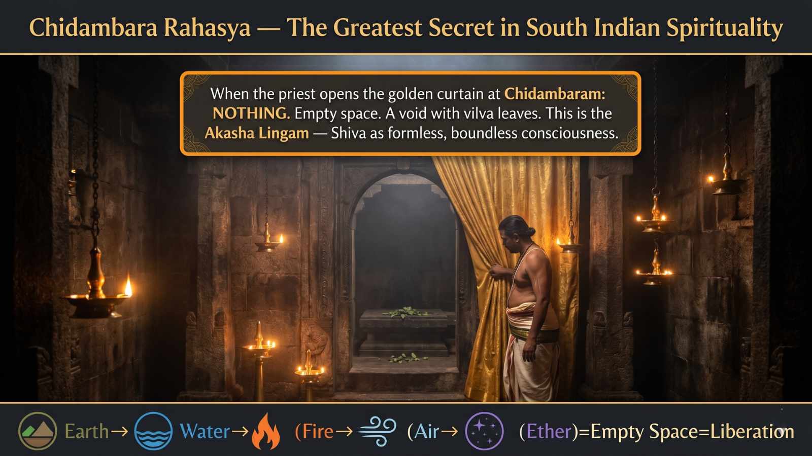 Chidambara Rahasya Panch Bhoota Sthalam Akasha Lingam empty space formless Shiva golden curtain Chidambaram consciousness journey Earth Water Fire Air Ether