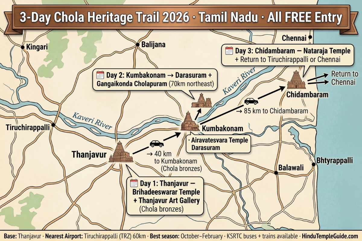 Chola dynasty temples 3-day heritage trail Tamil Nadu Thanjavur Darasuram Kumbakonam Gangaikonda Cholapuram Chidambaram Tiruchirappalli airport October February