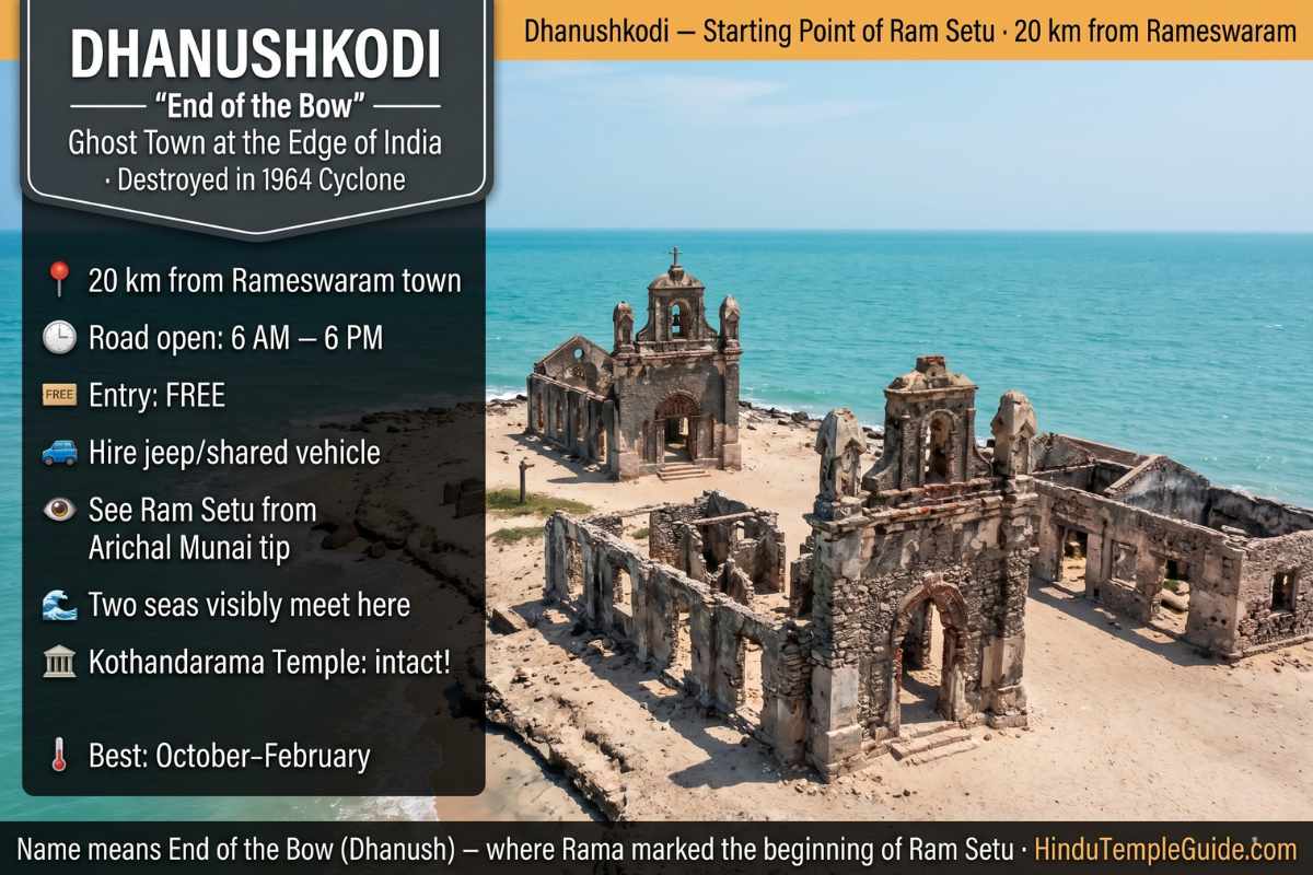 Dhanushkodi ghost town Ram Setu view 1964 cyclone ruins end of bow 20km Rameswaram free 6AM road open two seas Arichal Munai visitor guide