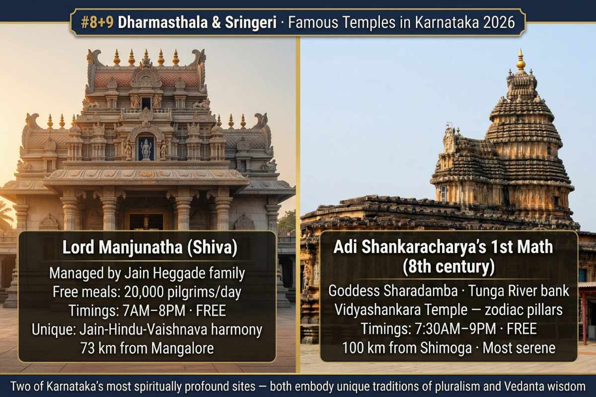 Dharmasthala Manjunatha Sringeri Sharada Peetham Karnataka 2026 – Jain managed Hindu temple free meals 20000 daily Adi Shankaracharya first math Tunga River