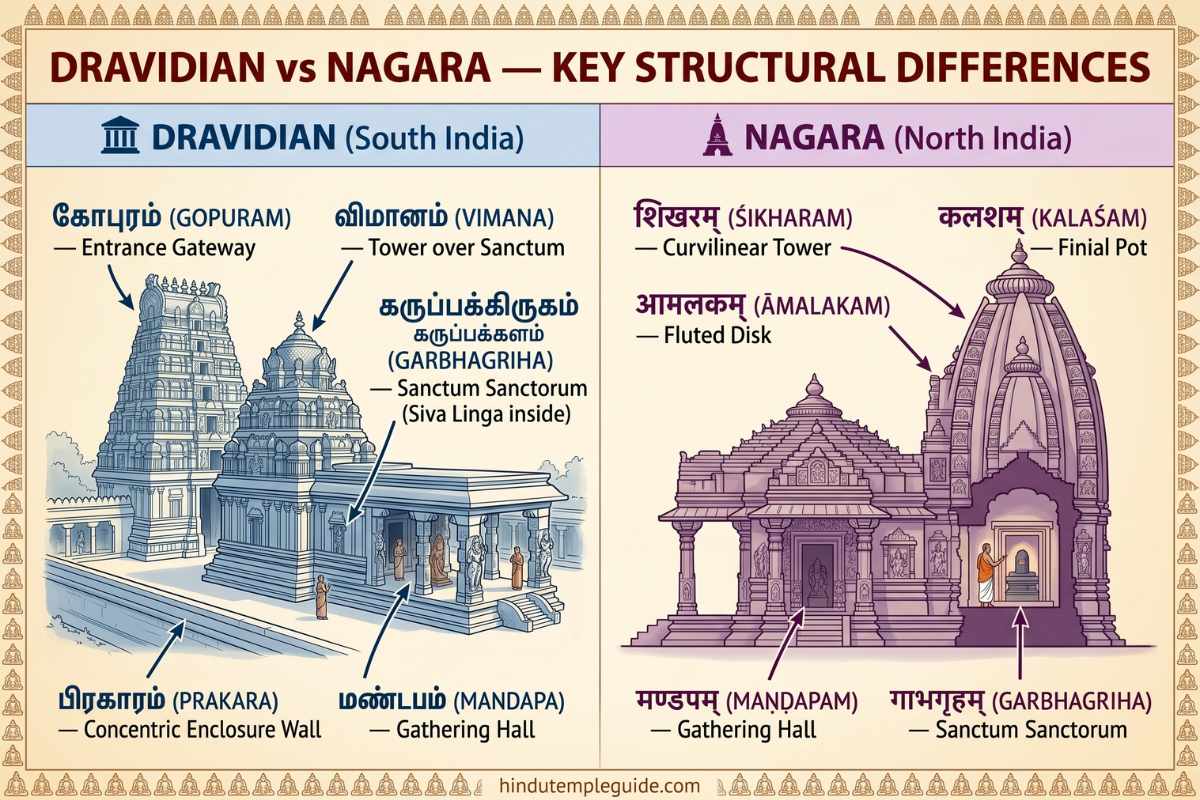 Labelled architectural diagram comparing Dravidian and Nagara Hindu temple structures showing Gopuram, Vimana, Shikhara, Amalaka, Mandapa and Garbhagriha