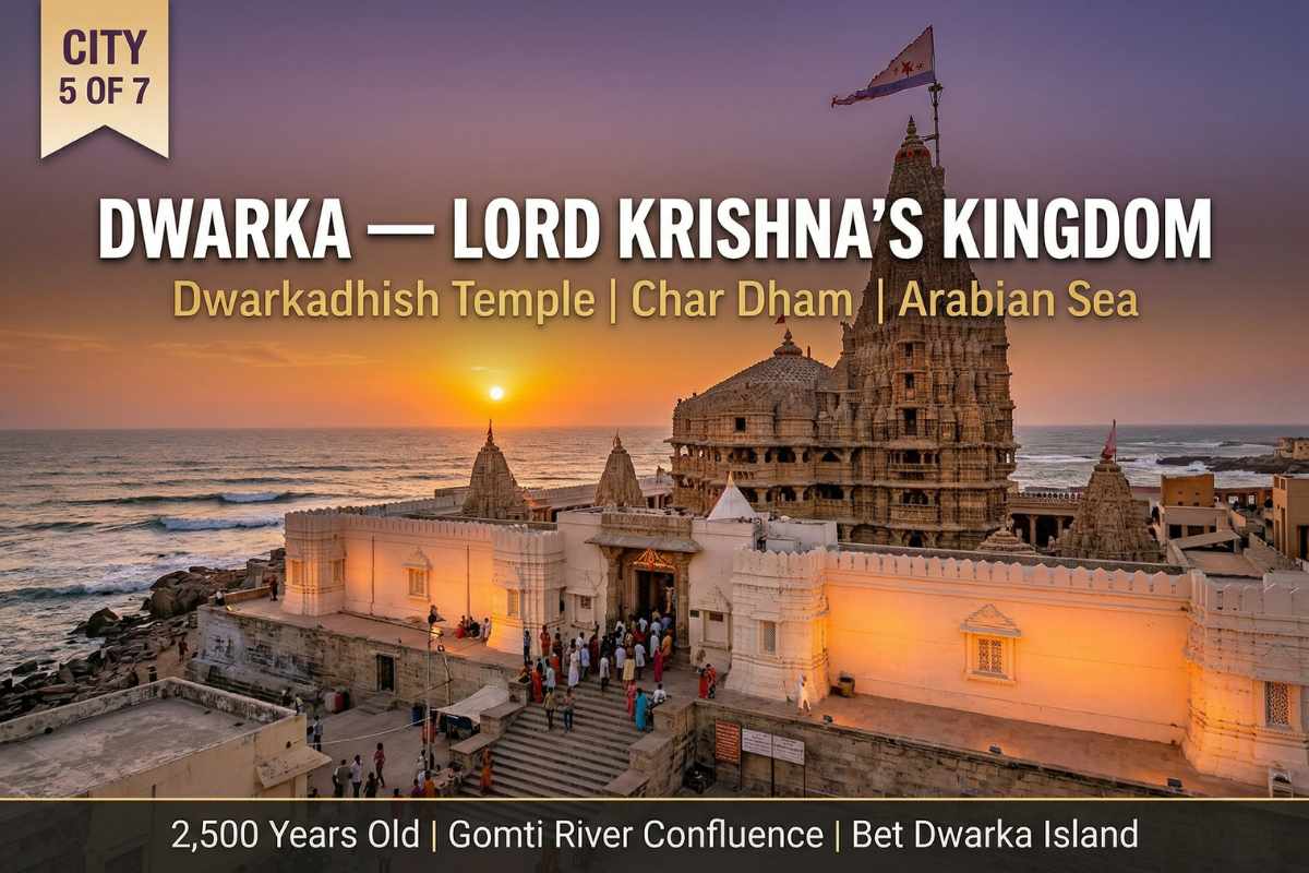Dwarkadhish Temple Dwarka Gujarat at sunset with Arabian Sea – Sapta Puri city 5 ancient kingdom of Lord Krishna and Char Dham