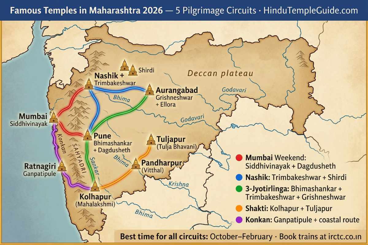 Famous temples Maharashtra 2026 pilgrimage circuits map – Mumbai Nashik Pune Kolhapur Jyotirlinga Shakti Peeth Konkan routes October February