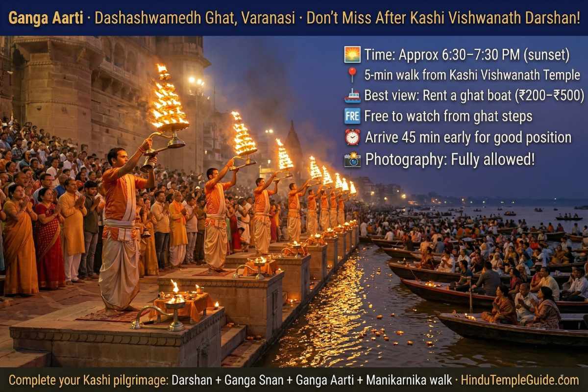 Ganga Aarti Dashashwamedh Ghat Varanasi 2026 – evening ceremony seven priests brass lamps devotees boats free spectacle