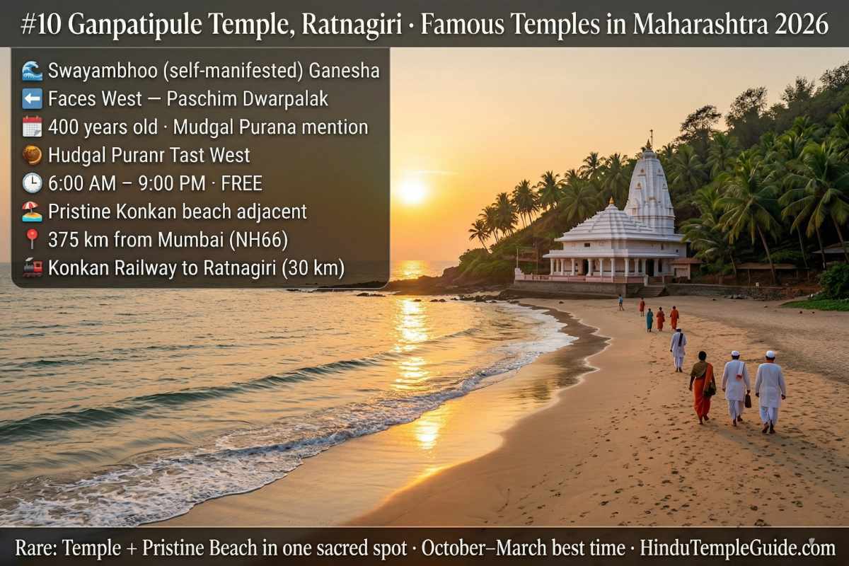 Ganpatipule Temple Ratnagiri Maharashtra 2026 – Swayambhoo Ganesha Konkan coast west-facing Arabian Sea 400 years timings 6AM free Paschim Dwarpalak