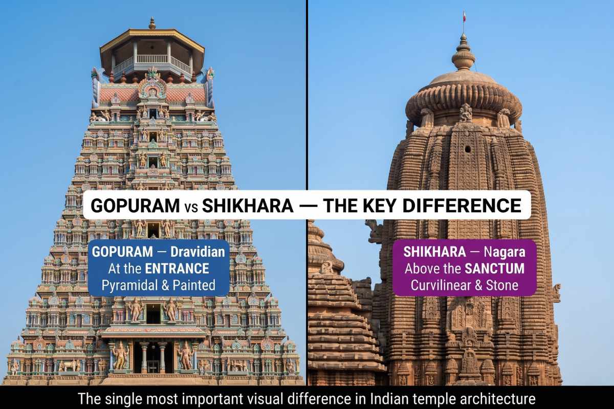 Gopuram vs Shikhara comparison – Dravidian pyramidal entrance tower versus Nagara curvilinear sanctum tower showing key difference in Hindu temple architecture