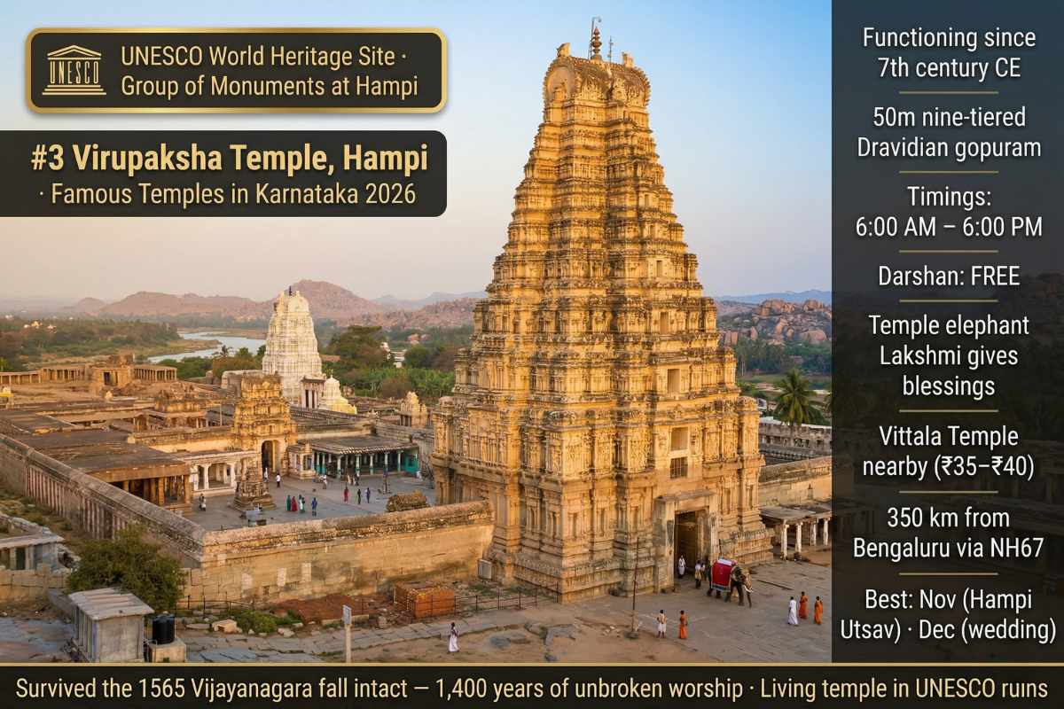 Hampi Virupaksha Temple Karnataka 2026 – UNESCO World Heritage 7th century 50m gopuram free darshan 6AM Tungabhadra famous temples
