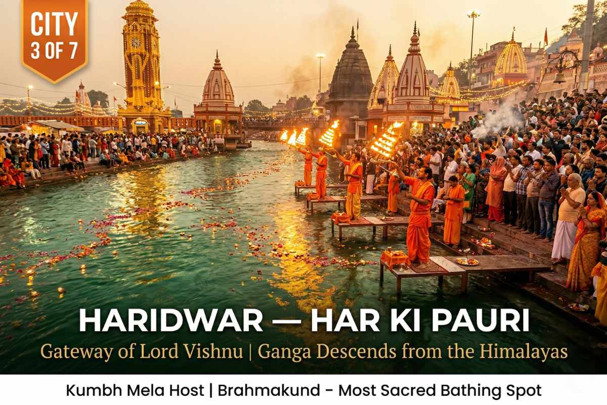 Haridwar Har Ki Pauri evening Ganga Aarti with fire torches and diyas – Sapta Puri city 3 gateway to Lord Vishnu