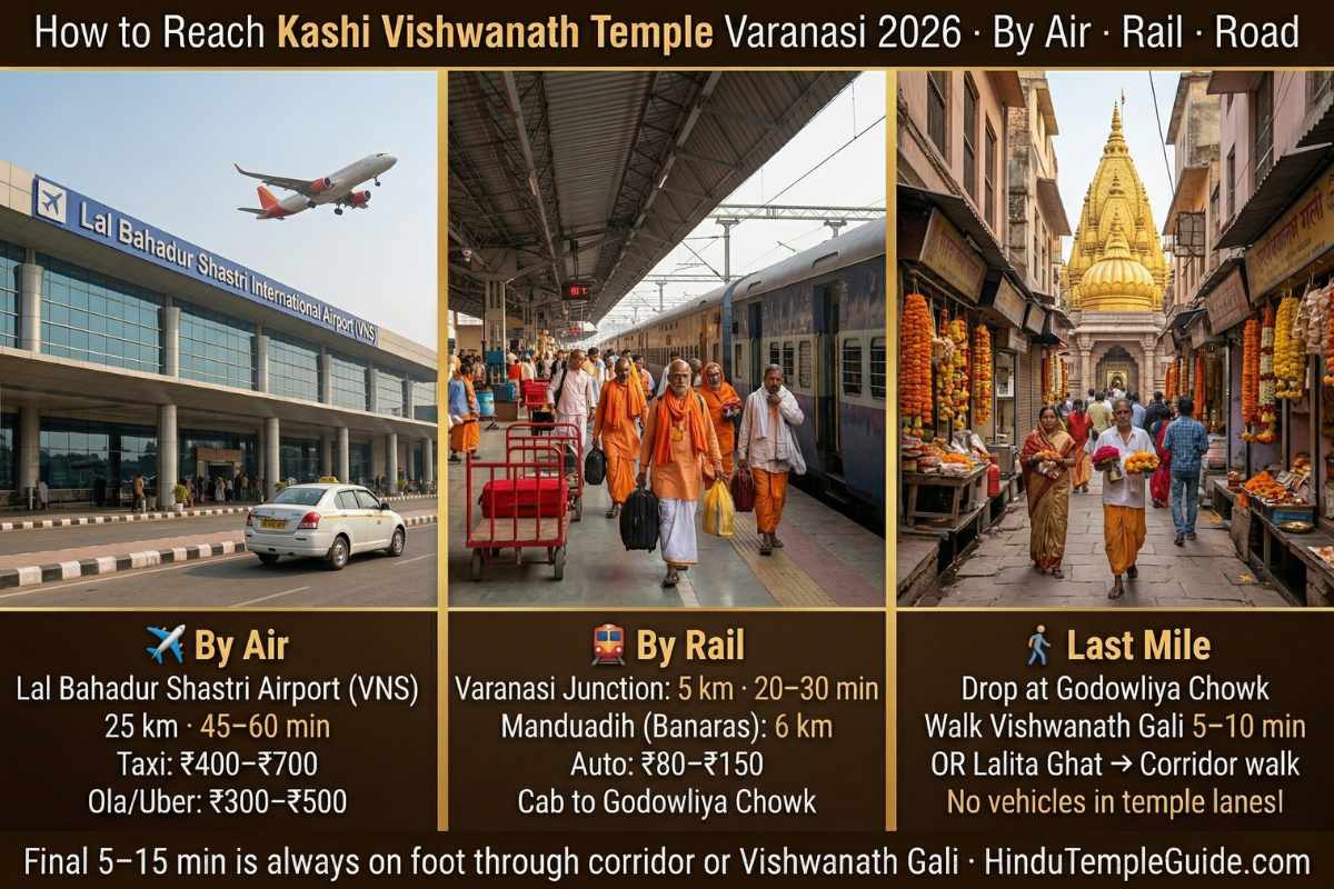 How to reach Kashi Vishwanath Temple Varanasi 2026 – Lal Bahadur Shastri Airport 25km Varanasi Junction 5km auto taxi Godowliya walk