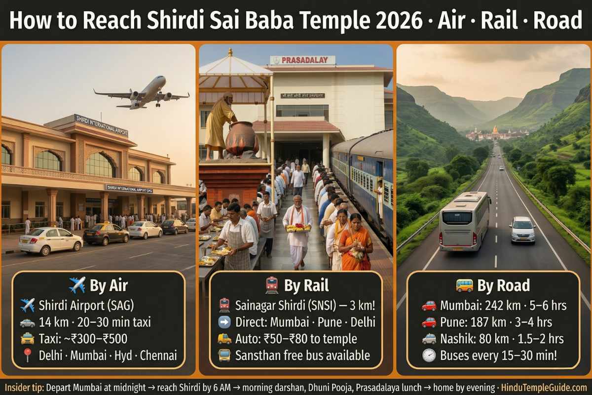 How to reach Shirdi Sai Baba Temple 2026 – Mumbai 242km Pune 187km Nashik 80km Shirdi airport SAG 14km Sainagar railway 3km bus road route