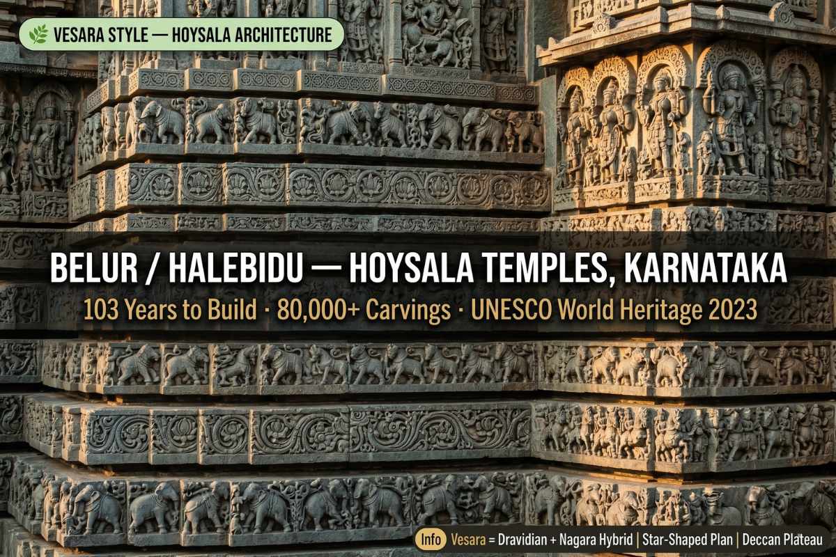 Hoysala temple Belur Halebidu exterior stone carvings showing Vesara architecture – hybrid Dravidian Nagara style with 80000 carvings UNESCO World Heritage Karnataka