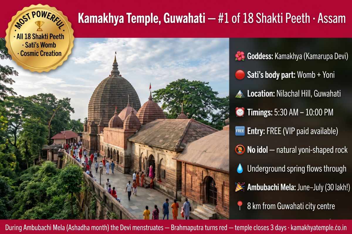 Kamakhya Temple Guwahati 18 Shakti Peeth most powerful Sati womb yoni Nilachal Hill 5:30AM free Ambubachi Mela 30 lakh pilgrims Brahmaputra Assam