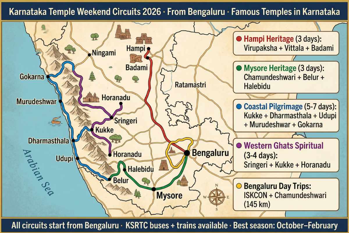 Famous temples Karnataka 2026 pilgrimage circuits Bengaluru weekend – Mysore Hampi coastal Sringeri 5 routes map October February best season guide