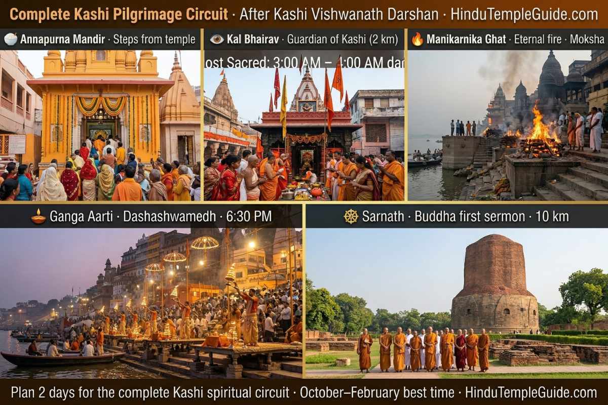 Kashi Vishwanath Temple Varanasi pilgrimage circuit 2026 – Annapurna Mandir Kal Bhairav Manikarnika Ghat Ganga Aarti Sarnath Dhamek Stupa guide
