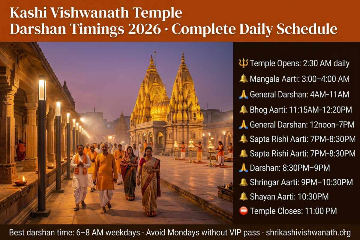Kashi Vishwanath Temple darshan timings 2026 – complete aarti schedule Mangala 3AM Bhog Sapta Rishi 7PM Shringar Shayan 10:30PM opens 2:30AM free entry