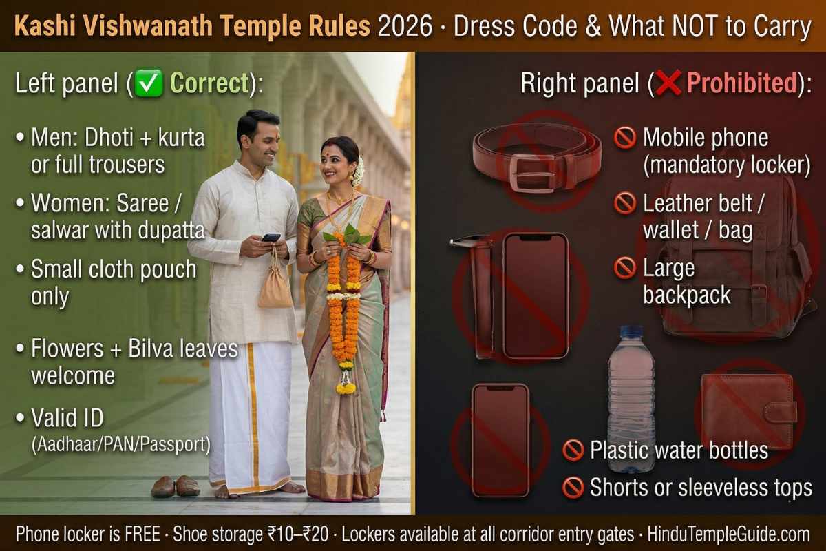 Kashi Vishwanath Temple dress code 2026 – dhoti saree allowed mobile phone leather bag prohibited rules what not to carry locker guide