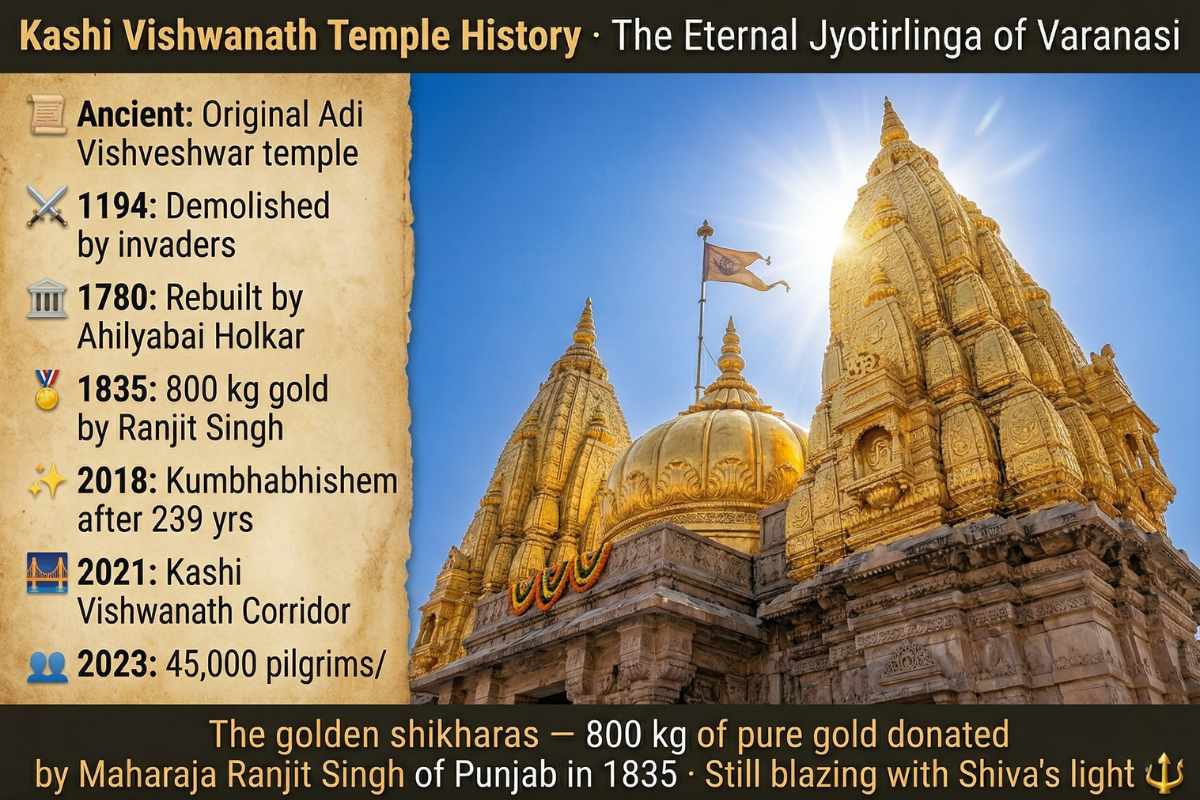 Kashi Vishwanath Temple history golden dome – Ahilyabai Holkar 1780 Ranjit Singh 800kg gold three shikharas Jyotirlinga 2021 corridor 45000 pilgrims