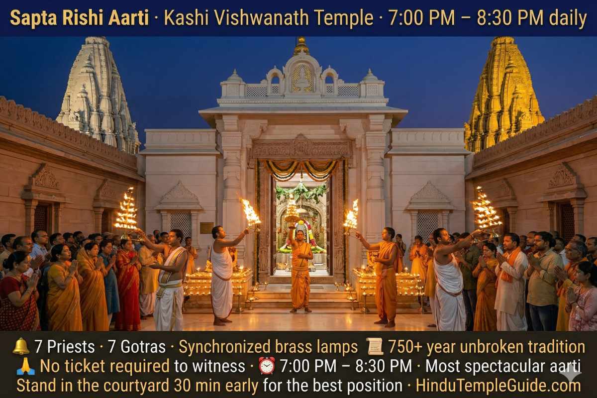 Kashi Vishwanath Temple Sapta Rishi Aarti 7PM – seven priests seven gotras synchronized brass lamps 750 year tradition Varanasi