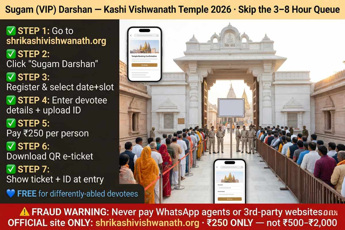 Kashi Vishwanath Temple Sugam VIP darshan booking 2026 – Rs250 guide shrikashivishwanath.org fraud warning WhatsApp agents fake websites