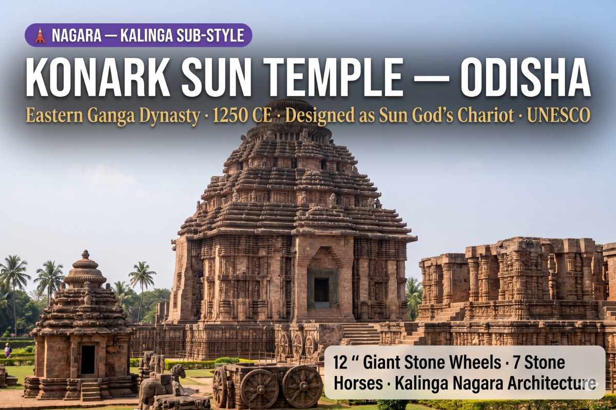 Konark Sun Temple Odisha at golden hour showing stone chariot wheels – Nagara Kalinga architecture Eastern Ganga dynasty UNESCO World Heritage