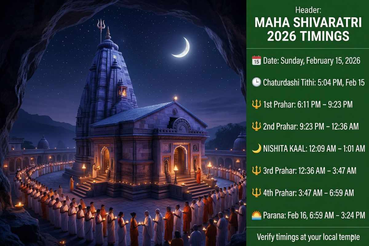 Maha Shivaratri 2026 date timings – Nishita Kaal 12:09 AM February 15 four Prahar puja schedule Chaturdashi tithi midnight Shiva temple devotees