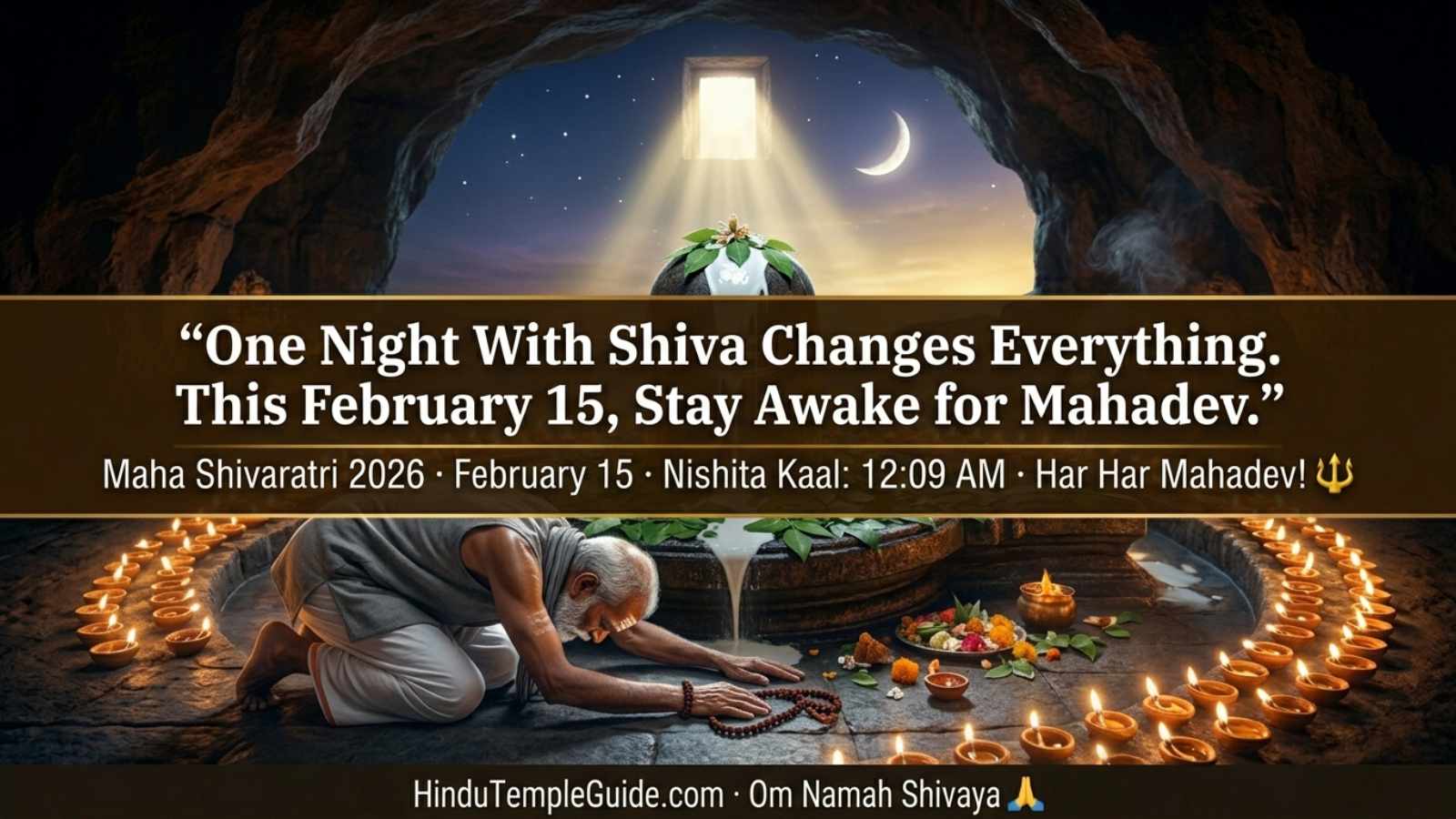 Maha Shivaratri 2026 devotee Shiva Lingam dawn pranam – elderly man prostrate Bilva leaves rudraksha mala first light Har Har Mahadev blessings