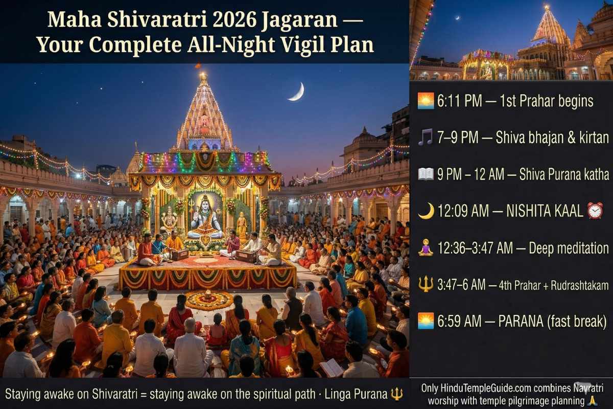 Maha Shivaratri 2026 jagaran all-night vigil – bhajan kirtan community worship devotees diyas temple courtyard meditation sacred night Shiva bhakti