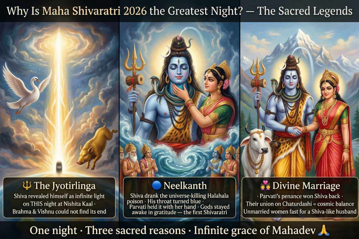Maha Shivaratri 2026 legends – Jyotirlinga Neelkanth Samudra Manthan Shiva Parvati divine marriage Chaturdashi sacred night significance