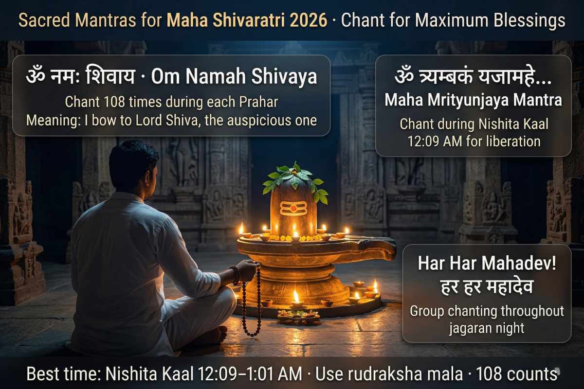 Maha Shivaratri 2026 mantras – Om Namah Shivaya Maha Mrityunjaya Mantra devotee meditation rudraksha mala Shiva Lingam Nishita Kaal 108 chanting