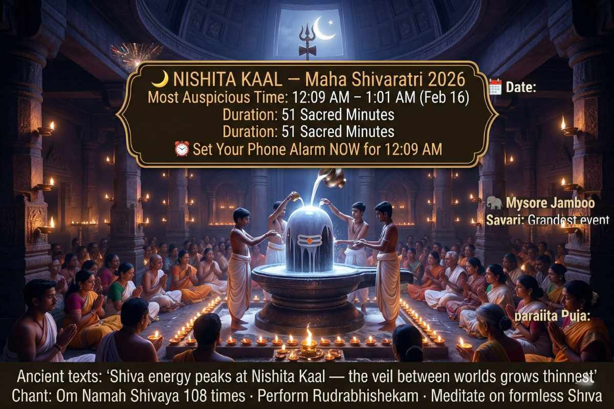 Maha Shivaratri 2026 Nishita Kaal 12:09 AM midnight puja – most auspicious 51 minutes Shiva Lingam Rudrabhishekam priests devotees meditation