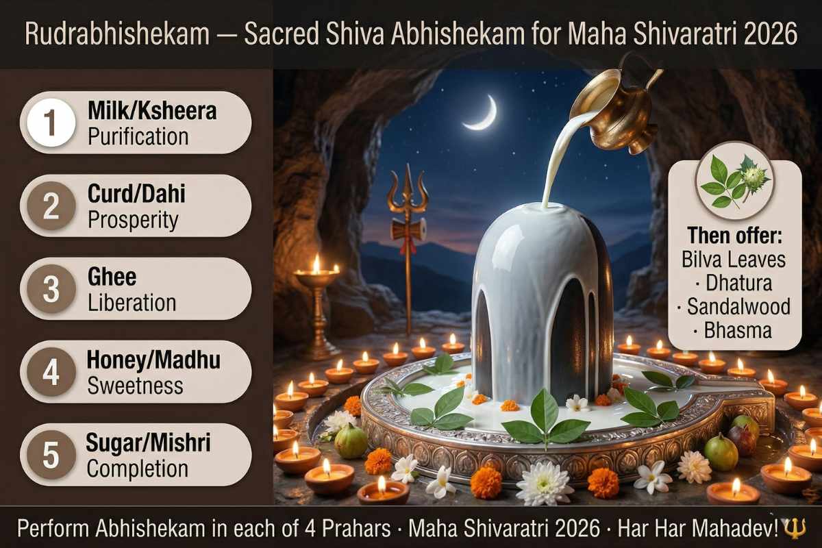 Maha Shivaratri 2026 Rudrabhishekam – milk Abhishekam Shiva Lingam Bilva leaves Panchamrit ghee honey curd sugar puja vidhi step-by-step guide