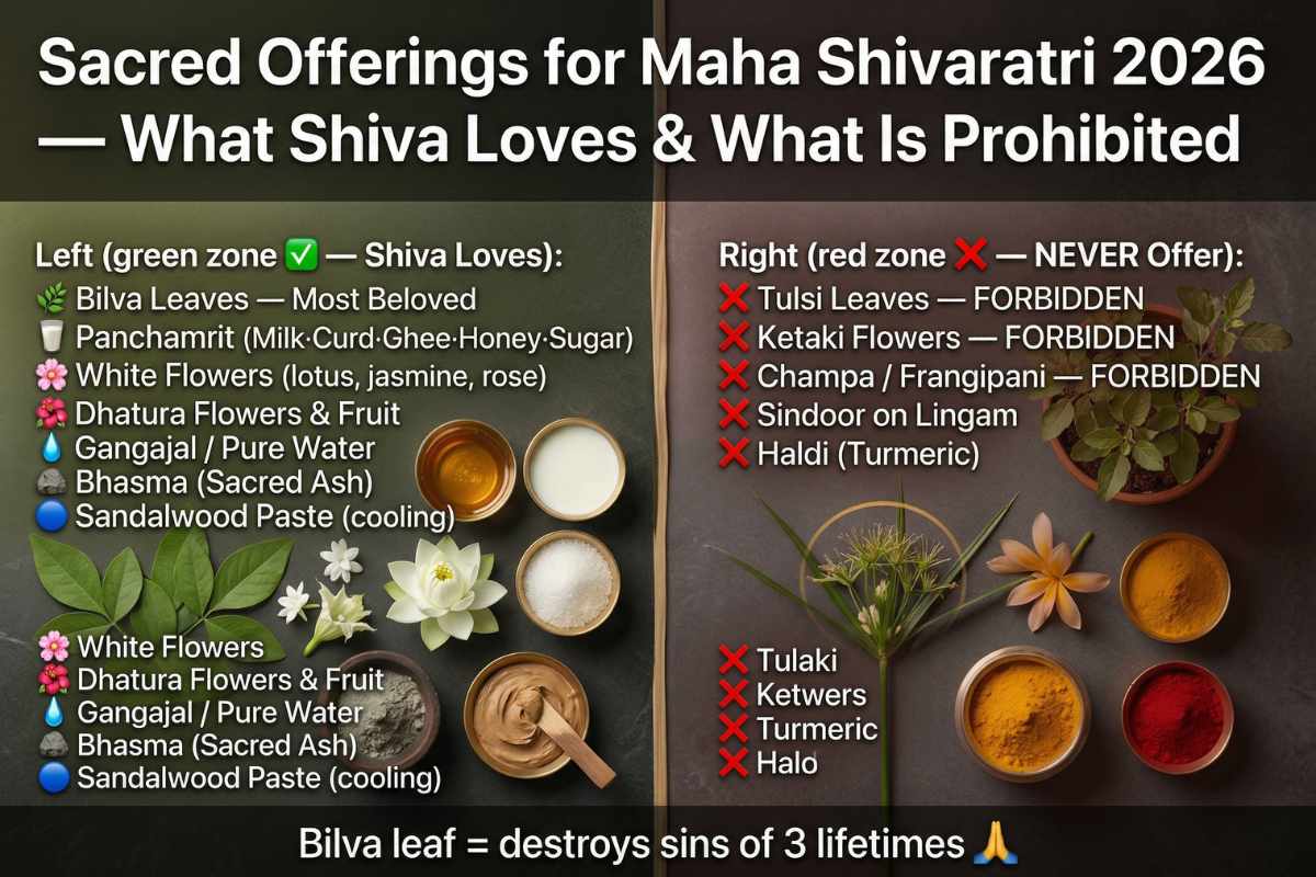 Maha Shivaratri 2026 Shiva puja offerings – Bilva leaves Panchamrit milk ghee honey allowed Tulsi Ketaki Champa prohibited do dont guide