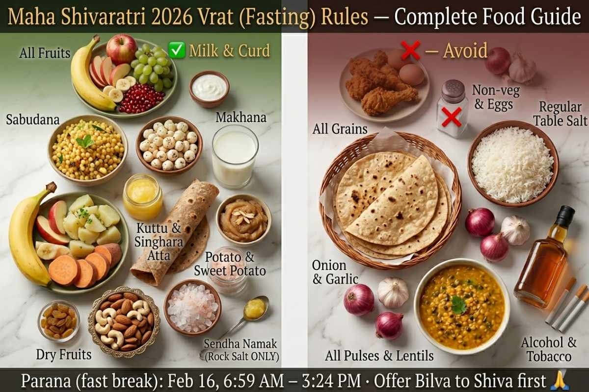 Maha Shivaratri 2026 vrat fasting rules food guide – sabudana makhana kuttu singhara sendha namak fruits milk allowed grains onion garlic prohibited