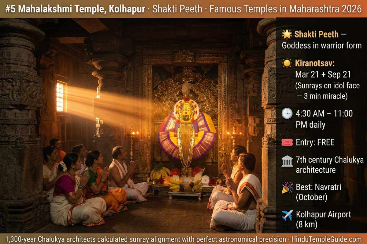 Mahalakshmi Temple Kolhapur Maharashtra 2026 – Kiranotsav sunray idol March 21 September 21 Shakti Peeth Chalukya 7th century timings 4:30AM free