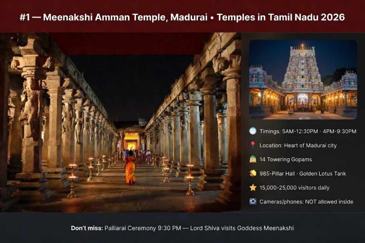 Meenakshi Amman Temple Madurai – 985-pillar Ayiramkaal Mandapam golden lamps darshan timings 5AM free entry famous temple Tamil Nadu 2026