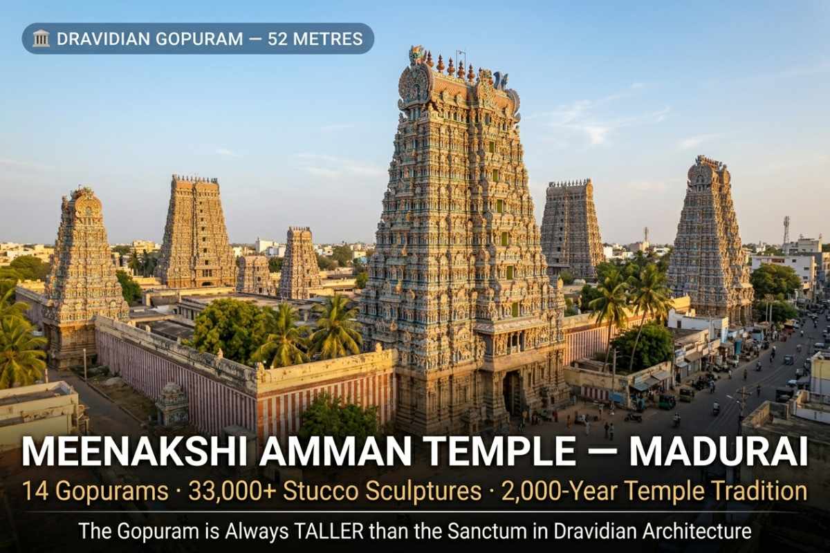 Meenakshi Amman Temple Madurai South Gopuram with 33000 painted stucco sculptures – Dravidian temple architecture with 14 gopurams and 2000-year tradition